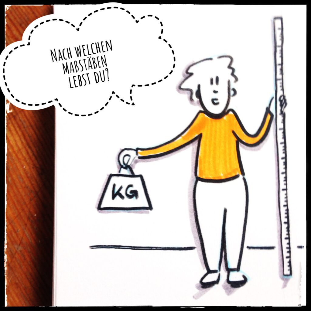 Sketchnote einer Figur mit Maßstab und Gewicht in der Hand in einer Sperchblase die Frage: Nach welchen Maßstäben lebst du?