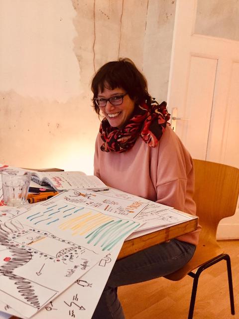 Aufnahme während einer Gedankenkritzelei. Vor mir liegen viele bekritzelte Papiere und Stifte, die davon zeugen, dass intensiv gearbeitet wurde. 