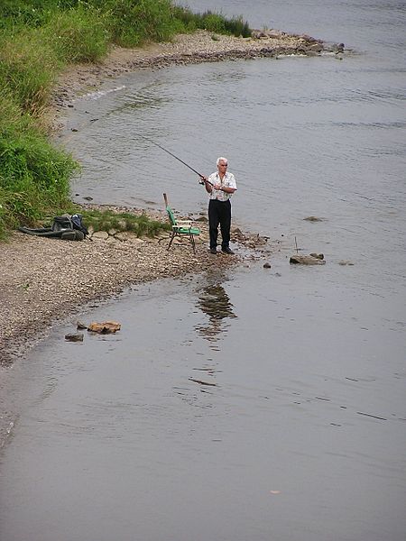 Grauhaariger Angler steht an einem Flussufer und wirft seine Angel aus.