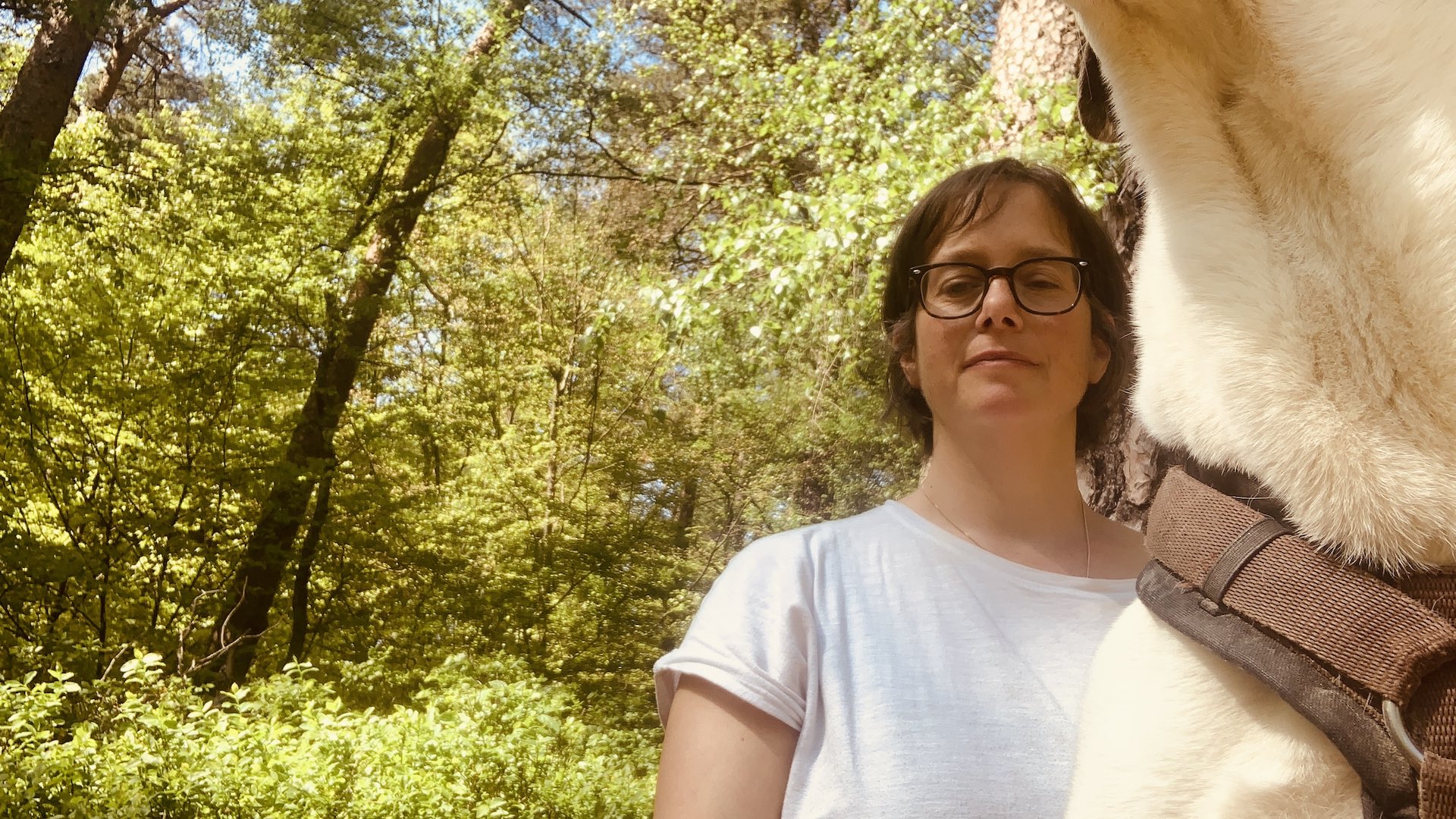 Portraitaufnahme einer Frau mit Hund im Wald.