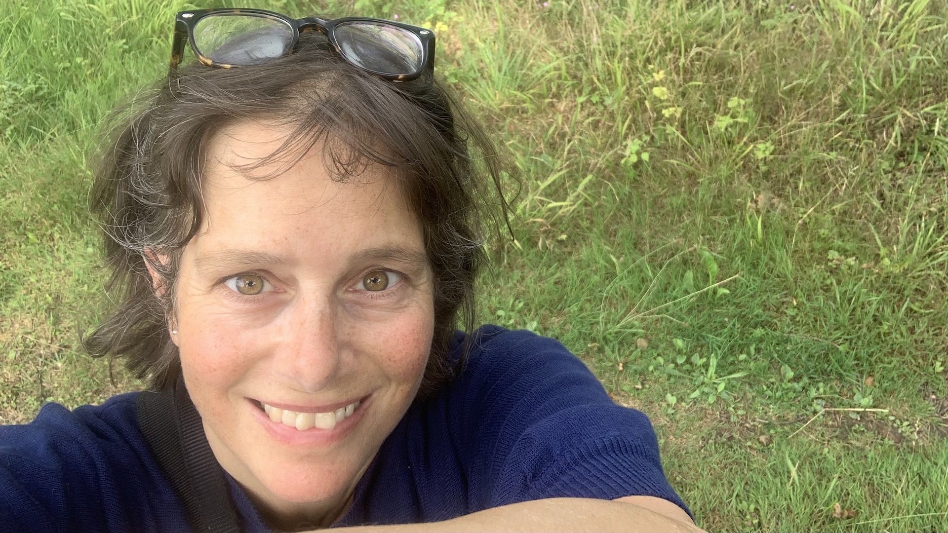 Porträt einer dunkelhaarige Frau. die Brille auf die Stirn geschoben auf einer grünen Wiese. Sie trägt ein blaues kurzärmeliges Oberteil