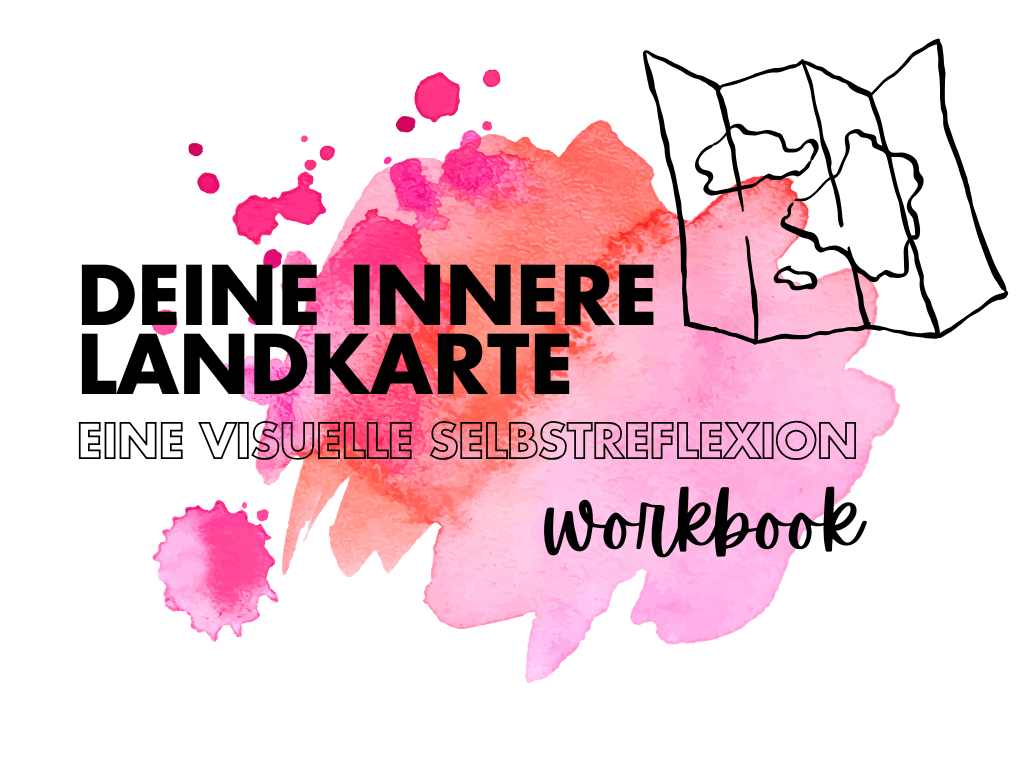 Deckblatt zu einer Gedankenkritzelei: "Deine innere Landkarte. Eine visuelle Selbstreflexion." In großen schwarzen Lettern geschrieben. Im Hintergrund eine pink-oranger Aquarellfarbklecks und eine skizzierte Landkarte. 