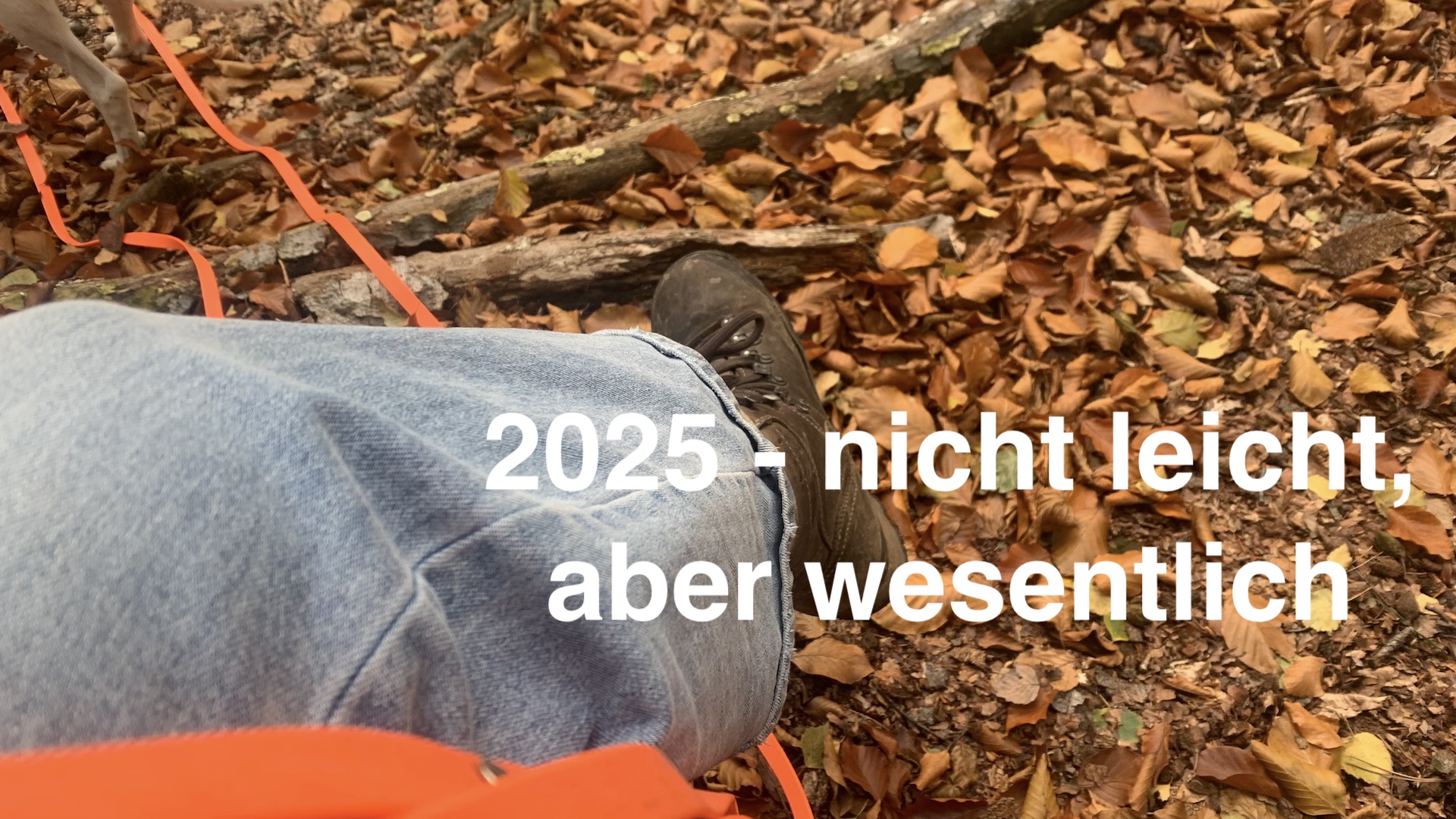Herbstlaub, von links ragen zwei übereinander geschlagenen Beine ins Bild, in hellblauer Jeans mit Wanderschuhe. Der text auf dem Bild lautet: 2025 - nicht leicht aber wesentlich.