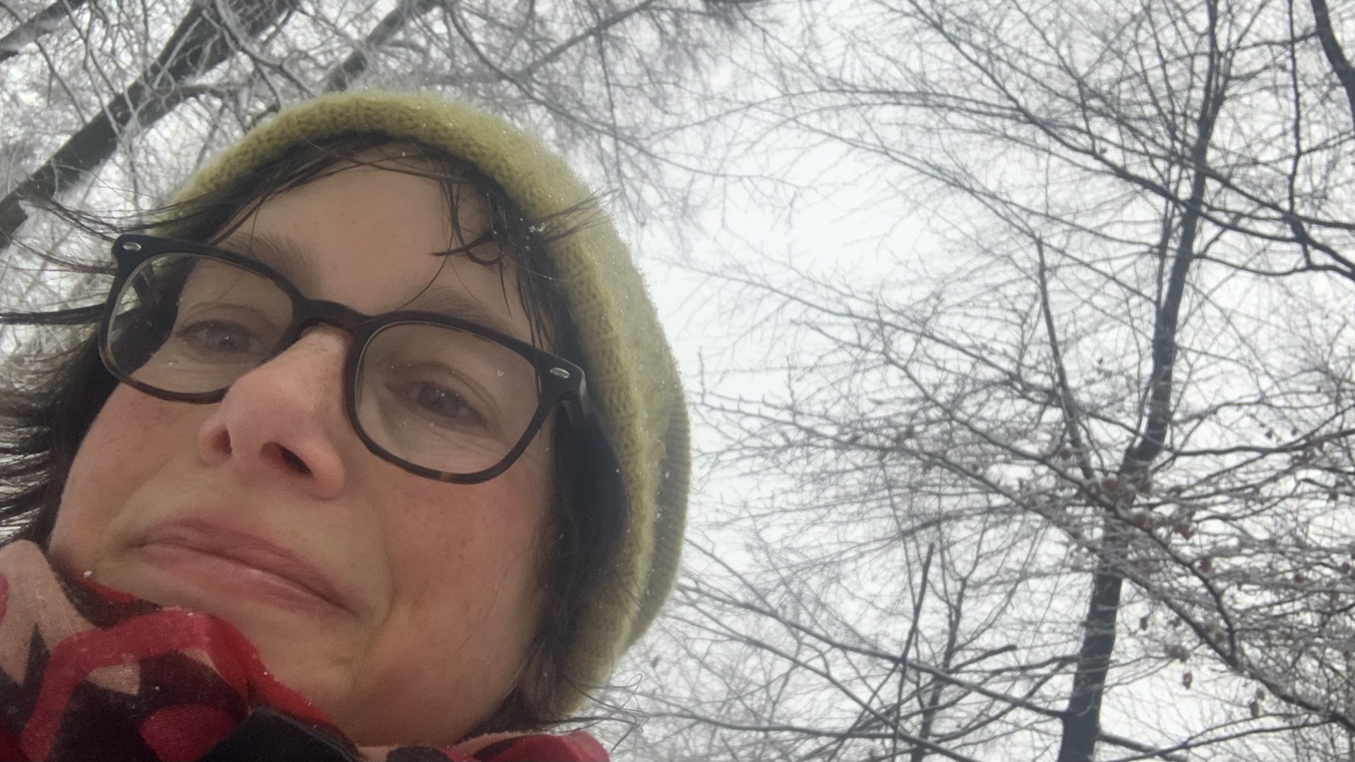 Portrait Katja Reetz, mit gelber Mütze in einer Winterlandschaft.