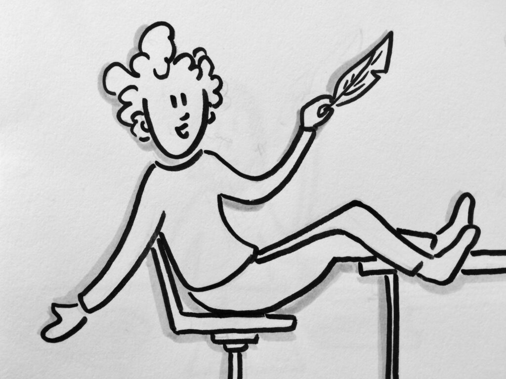 Sketchnote in schwarz weiß, mit einer Figur die auf einem Stuhl sitz, sich zurücklehnt, die Beine überschlagen auf dem Tisch abgelegt und eine Feder in der linken Hand haltend.