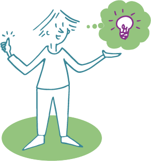 gezeichnete Sketchnote-Figur, die mit der rechten Hand ein Daumen hoch zeugt und mit der linken Hand eine Gedankenwolke präsentiert mit einer Glühbirne. 